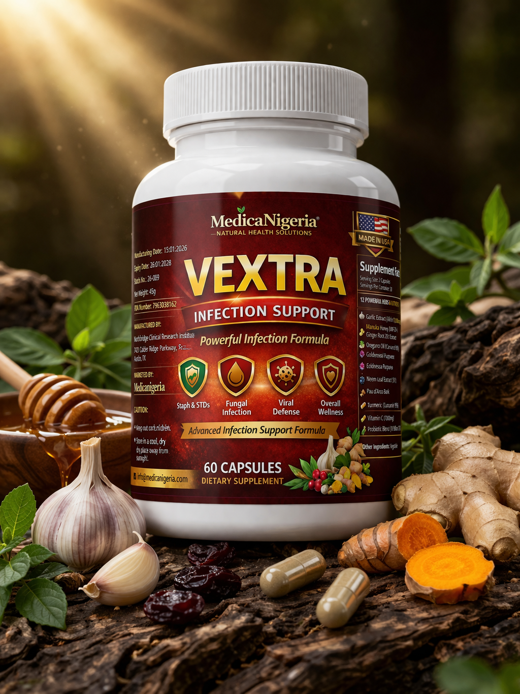 Vextra Infection Killer - Powerful Herbal Antibiotic - 60 Capsules per Bottle